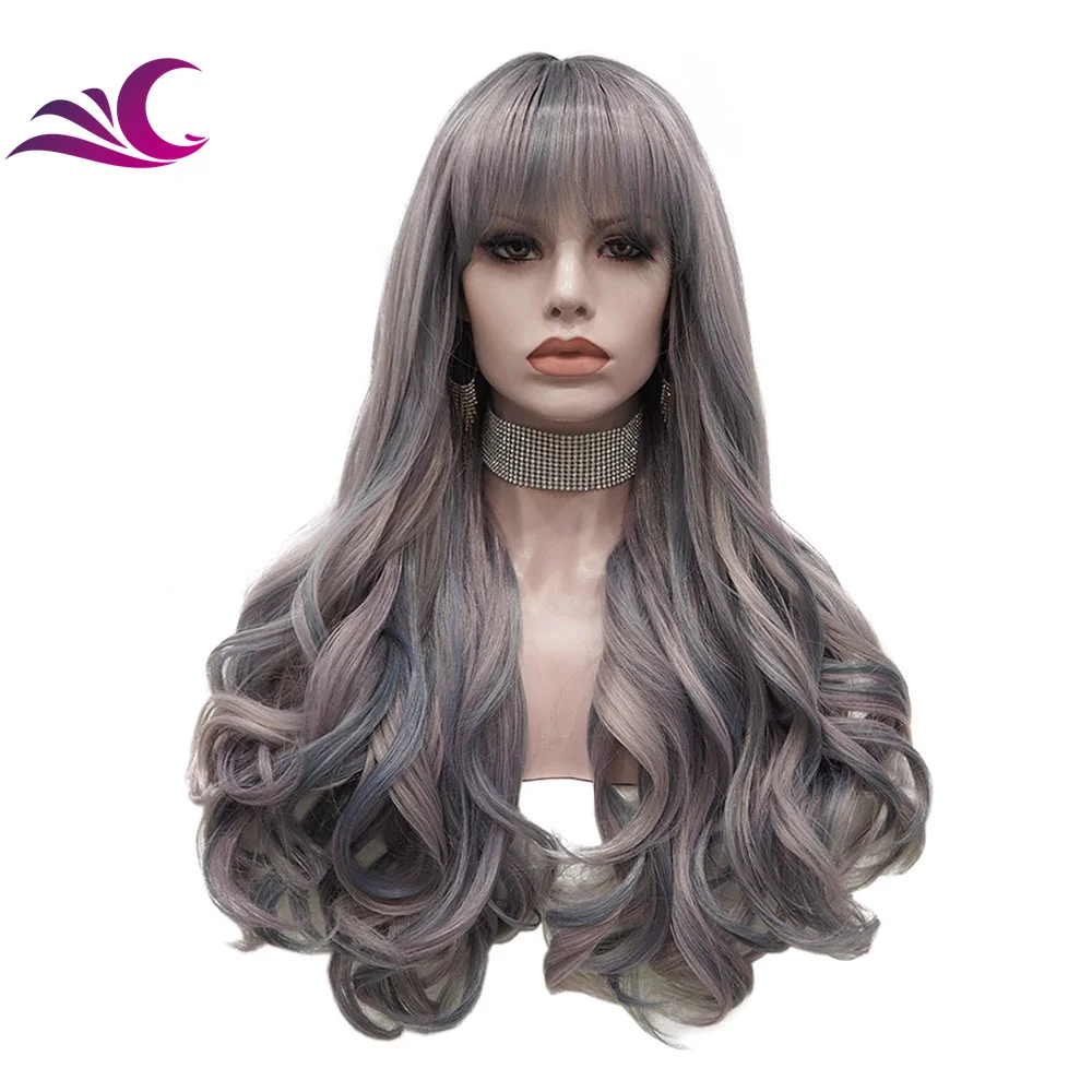 

Celebrity 180% Density Night Rainbow Highlight Purple Color Synthetic Hair Wigs Futura High Temperature Synthetic Bang Wig, Shown