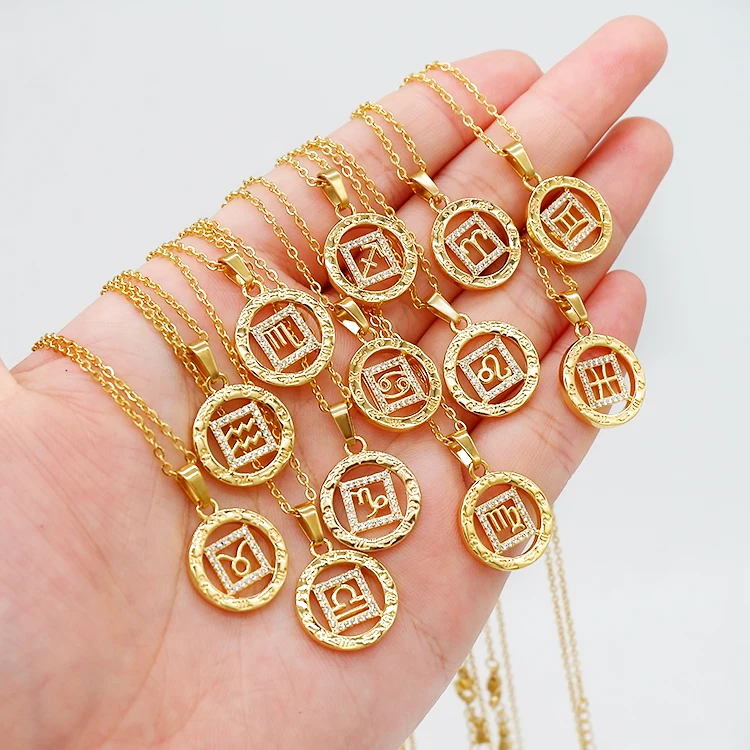 

18k gold plated brass diamond zodiac sign chain cz pendant necklace