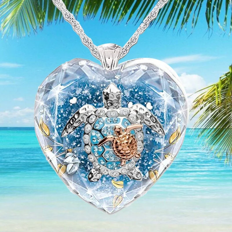 

Fashion Creative Crystal Turtle Pendant Heart Necklace Ocean Heart Blue Turtle Mother and Child Necklace
