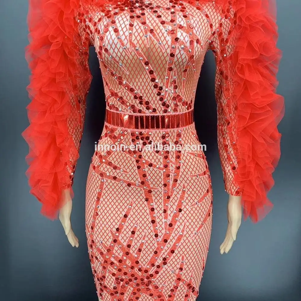 

2020 Flashing Red Sequin Rhinestone Lace Sleeve Short Dress Women Spandex Ballerina Costume Birthday Party Performance Costumes