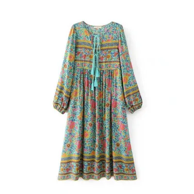 

wholesale Bohemia European beachwear floral fringed lace up long sleeve loose women long dress