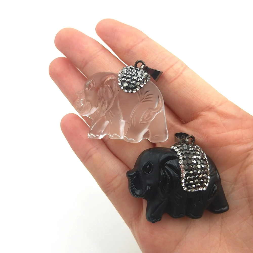 

Top Selling Elephant Shape Gemstones Necklace Natural Crystal stone pendants carvings craft black obsidian charms cz pave jewels, Black, clear