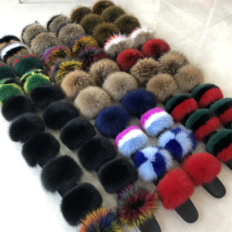 

big fuzzy fur stable quality soft jelly mixed color fur slides slippers, Customized color