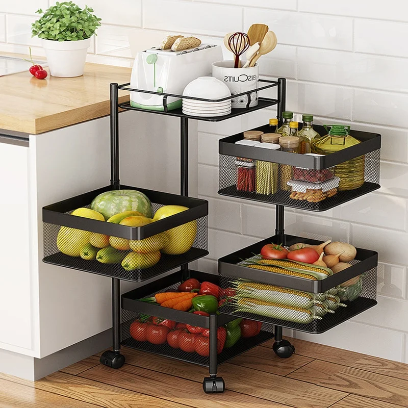 

Rotating movable trolley cart floor multi-layer square vegetable fruit storage basket kitchen rack
