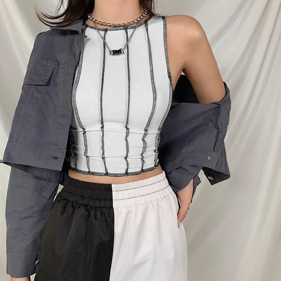 

2021 Striped Patchwork Tank Top Y2k Woman Street Skinny Soft Crop Tops Casual Female Sleeveless Camisole