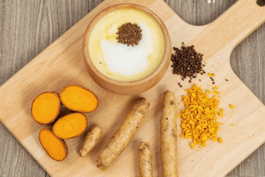 Fresh turmeric root, black pepper, and coconut milk arranged for making turmeric tea