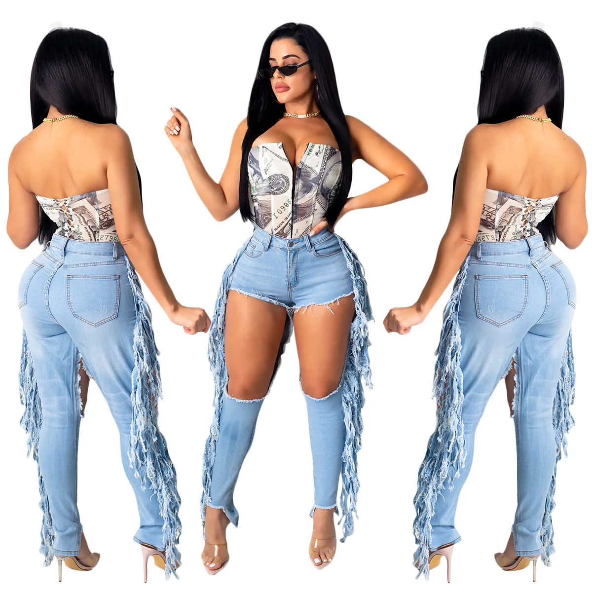 

new style women girls casual ripped jeans fashion pants side fringe fringe trend denim trousers