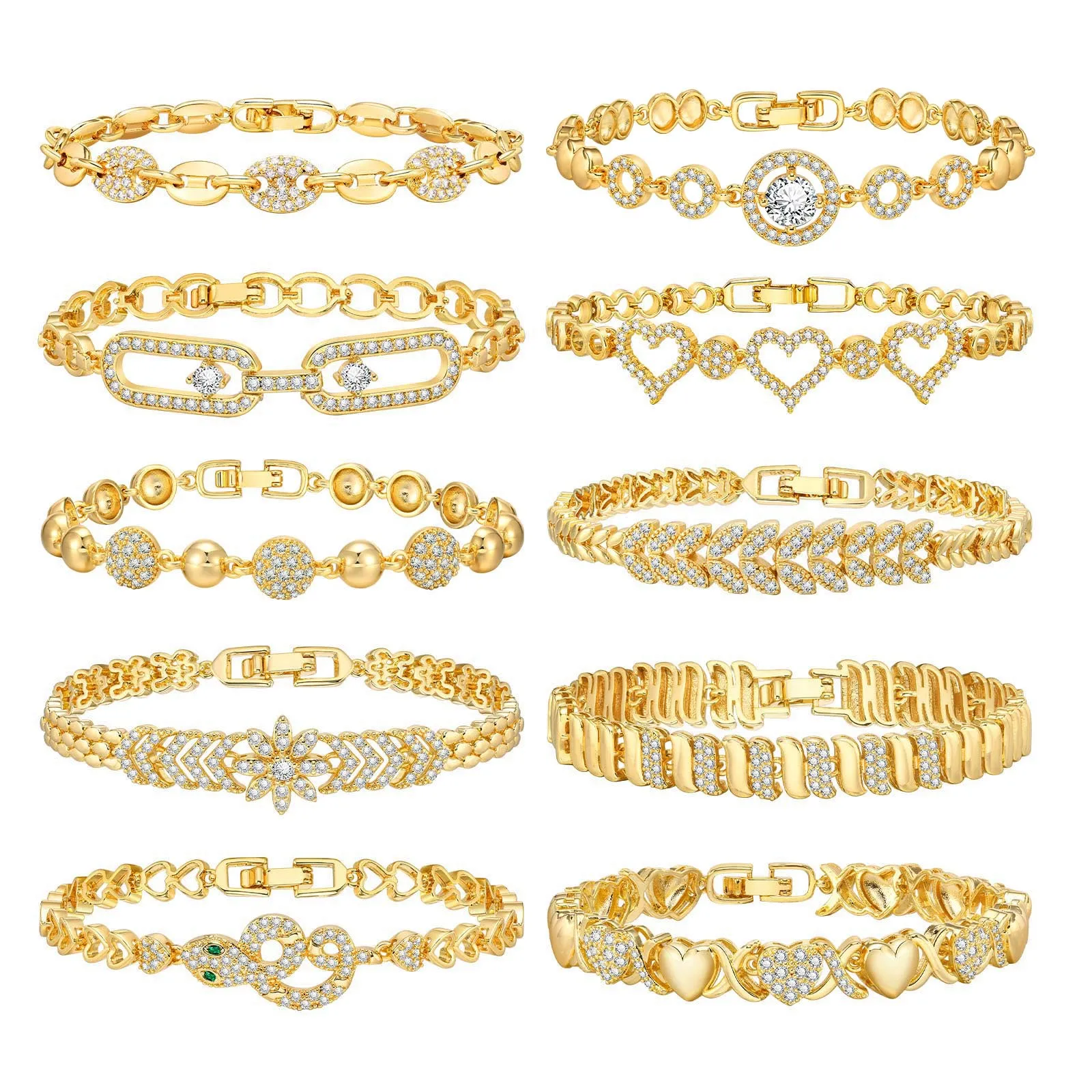 OAHLAN Jewelry Fashion Trendy 18K Gold Plated Cubic Zircon Inlay Charm Copper Bracelets for Women Anniversary
