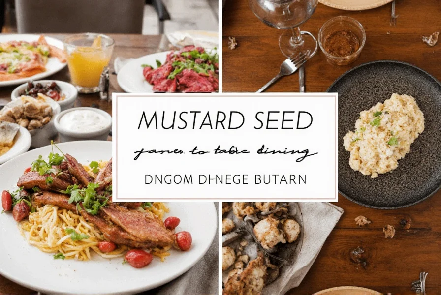 Interior of a mustard seed bistro showing rustic decor, wooden tables, and soft lighting in a farm-to-table restaurant setting