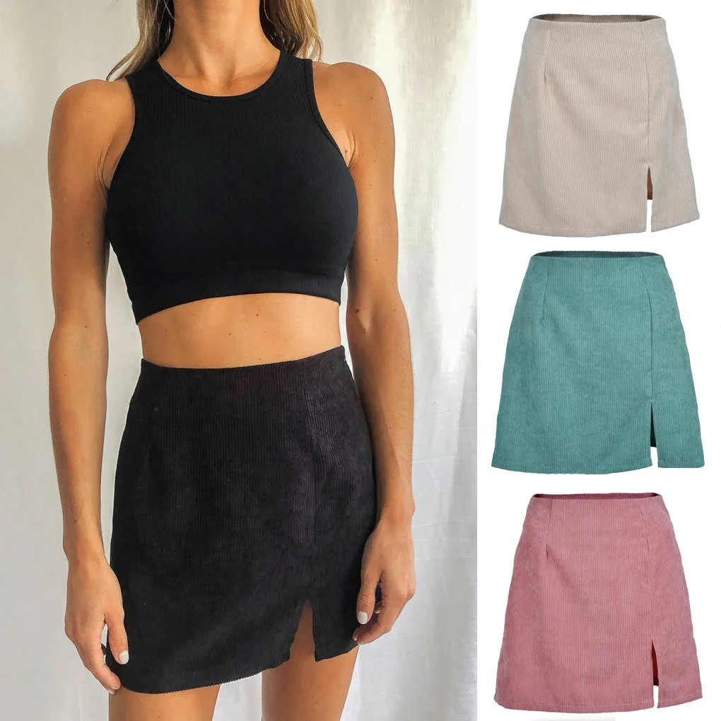 

Women's High Waisted Corduroy Skirt With Split A-line Solid Color Skirt, Shown