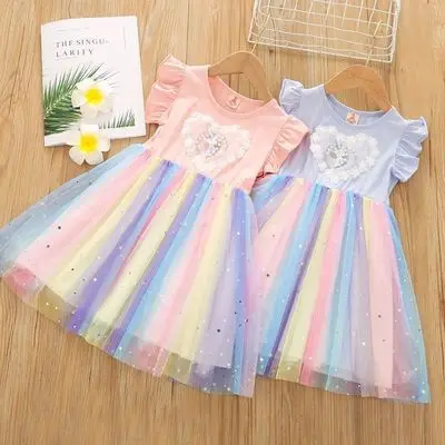 

Girls Dress Summer 2022 New Exotic Little Rainbow Kids Clothing Princess Yarn Skirt