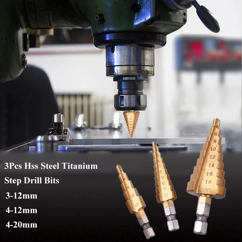 3pcs Hss Steel Titanium Step Drill Bits 3-12mm 4-12mm 4-20mm Step Cone Cutting Tools Steel Woodworking Wood Metal Drilling Set