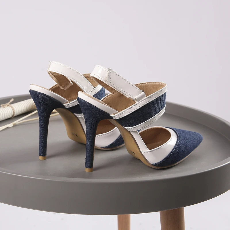 Party Sexy Patchwork High Heels Ladies Sandals Stiletto Thin Heel Pointed Toe Denim Black Blue Shoes