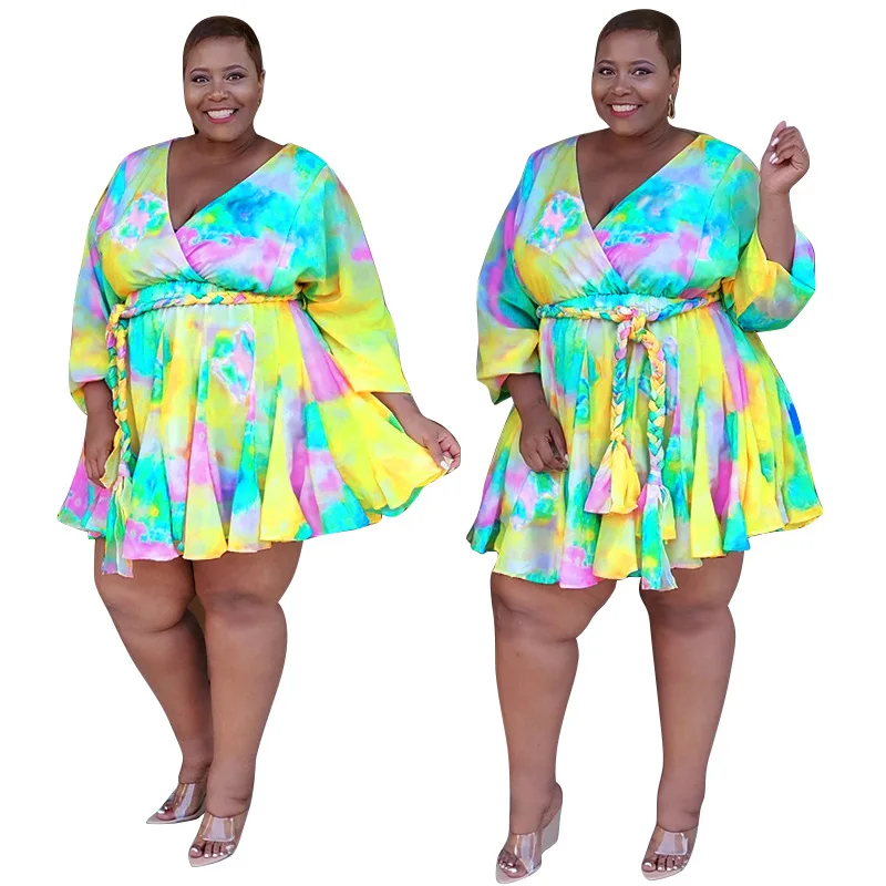 

2021 New Summer Colorful Tie Dye Print V-neck Sexy High Waist Plus Size Women Skirts