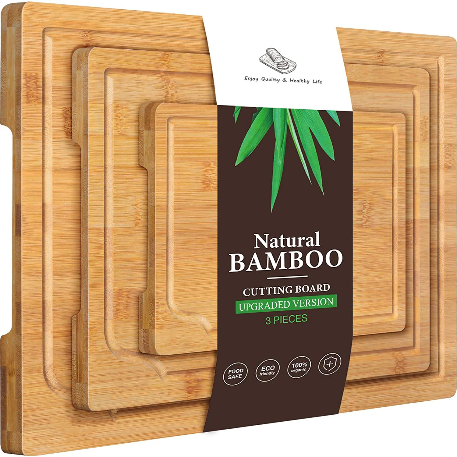 

3-Piece Set Bamboo Cutting Board Kitchen Chopping Board with Juice Groove and Handles Heavy Duty Serving Tray Carving Board