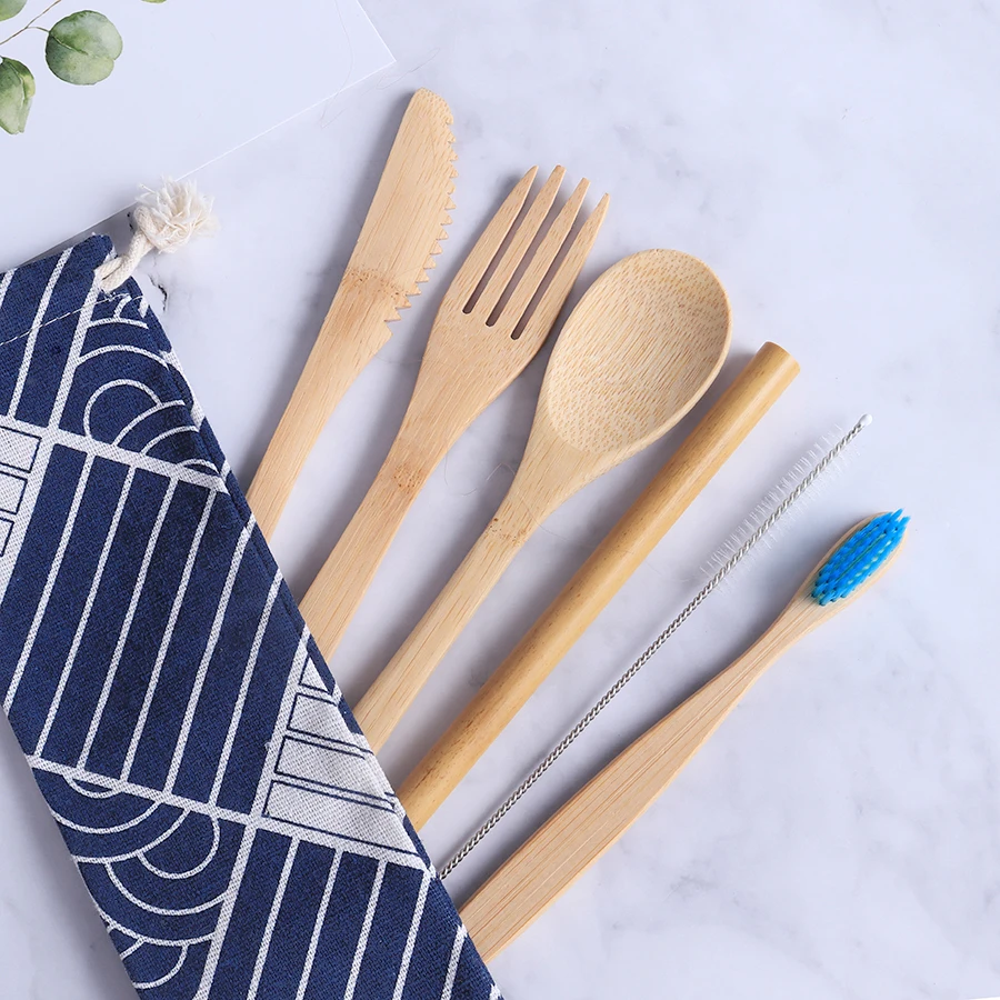 
wholesale 6pcs eco friendly travel picnic flatware natural reusable bamboo cutlery set 