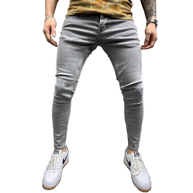 

Wholesale high quality mans fashion slim fit skinny gray solid color denim pants 2021 men's jeans