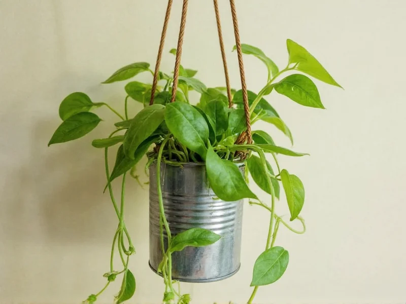 Tin can hanging planter with trailing pothos plant