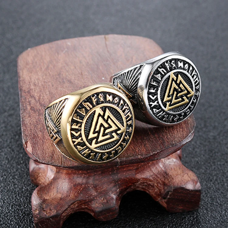 

R.GEM. Wholesale Stainless Steel European American Retro Style Celtic Knot Viking Nordic Triangle Symbol Valknut Men Ring