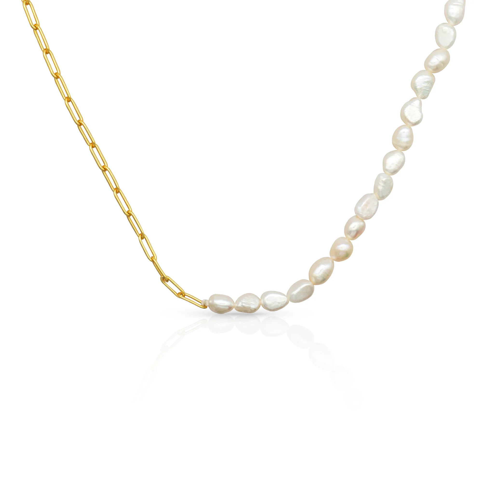 

Chris April 925 sterling silver 18k gold plated Half fresh water pearl and link chain necklace for women, Yellow gold