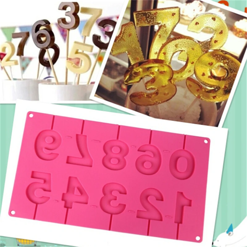 

9 Numbers Chocolate Lollipop Mold Birthday Cake Decoration Handmade Candle Mold Kitchen Accessories, As photo