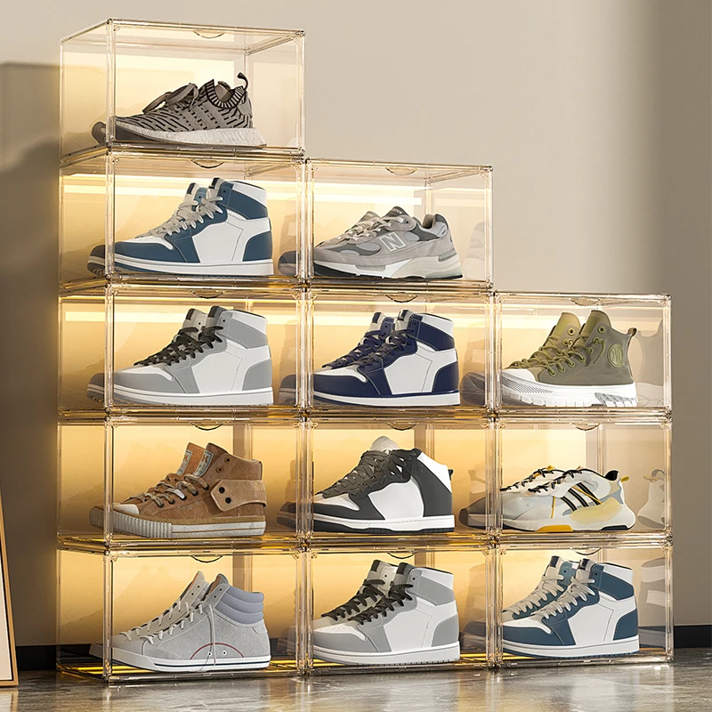 

wholesales custom made magnetic box shoes case transparent clear plastic stackable drop front shoe storage box