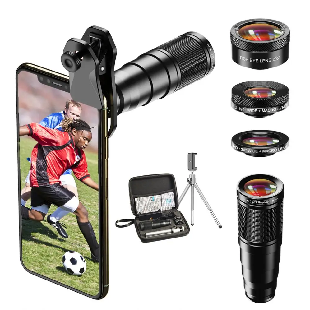 

Professional 4K HD 4 In 1 Lens Kit 22X Zoom Cellphone Camera Telescope Lens Wide Angle Macro Fisheye Lens Kit, Black