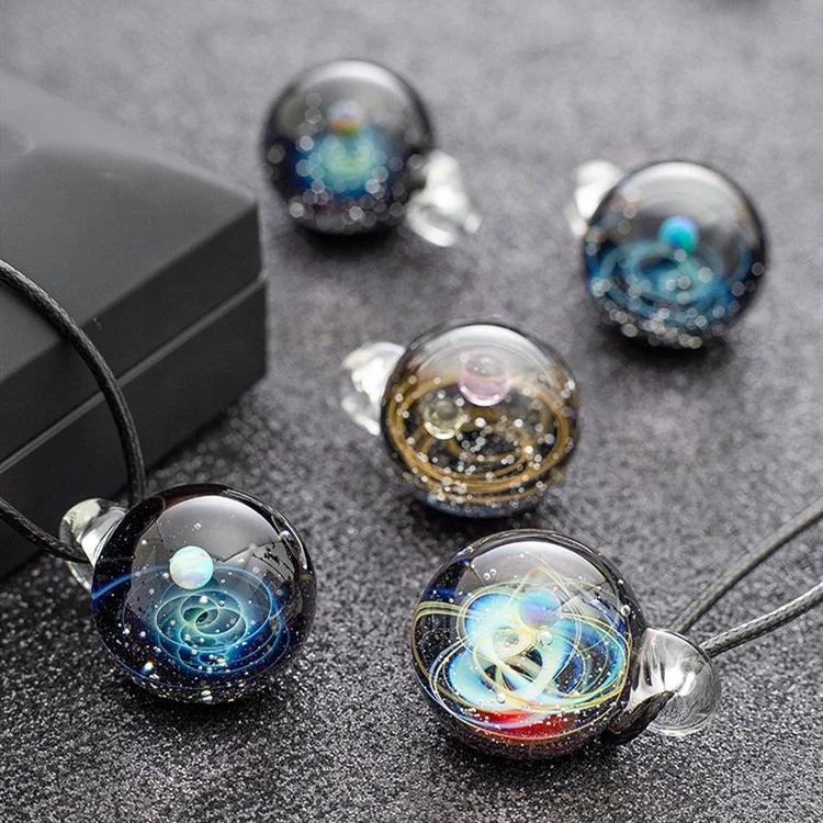 

Planet Stars 1 Inches SpaceBlown Glass Universe Night Sky Galaxy Twisted Space Glass Pendant Necklaces For Unique Gift