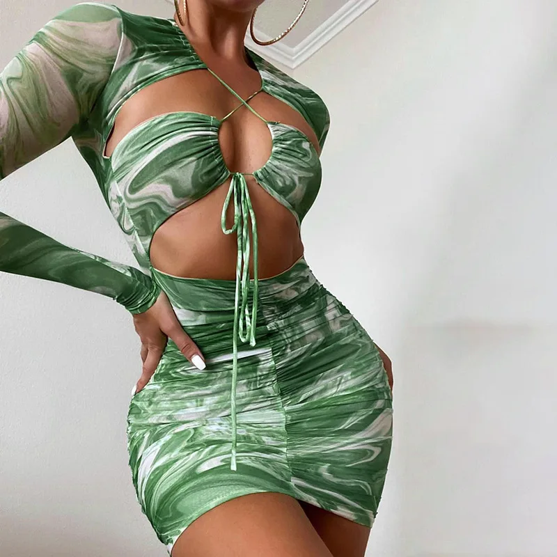 

New Arrival 2021 Fall Print Long Sleeve Cross-cut Lace Up Pleated One Piece Dresses for Women