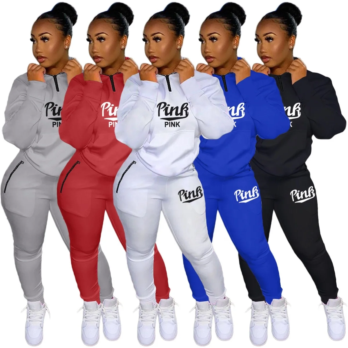 

Wholesale Jogging Femme Long Sleeve Zip Up Letter Print Workout Tracksuit Jogging Suits Two Piece Jogger Set for Women, 5 colors