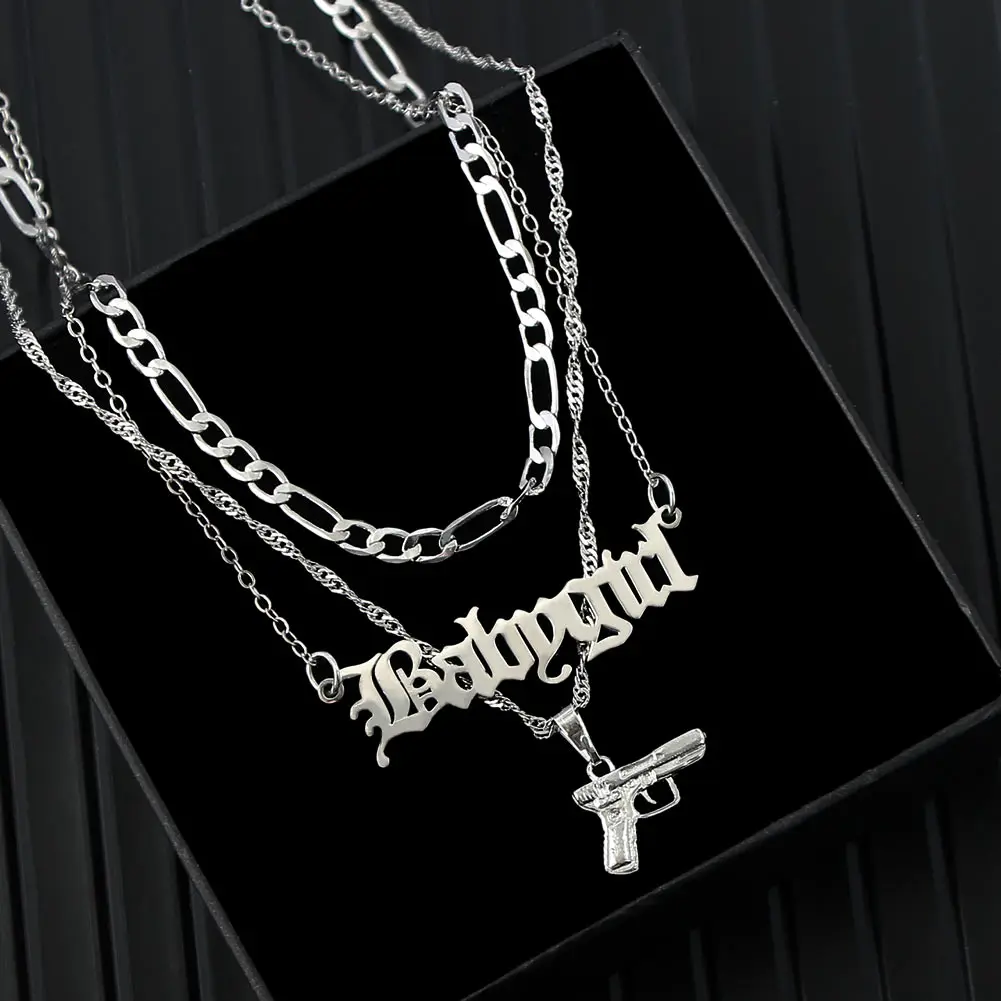 

Multi-layer Custom Letter Babygirl Pistol Gun Twisted Chain Paperclip Link Necklace For Men Women, Silver plated