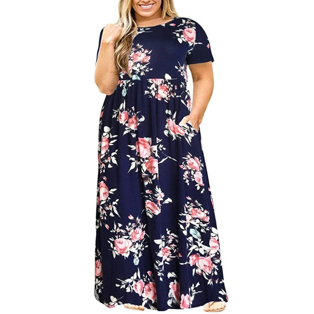 

Cheap plus size summer women's short-sleeved loose floral casual dresses Women plus size pockets plus size dresses, Picture color