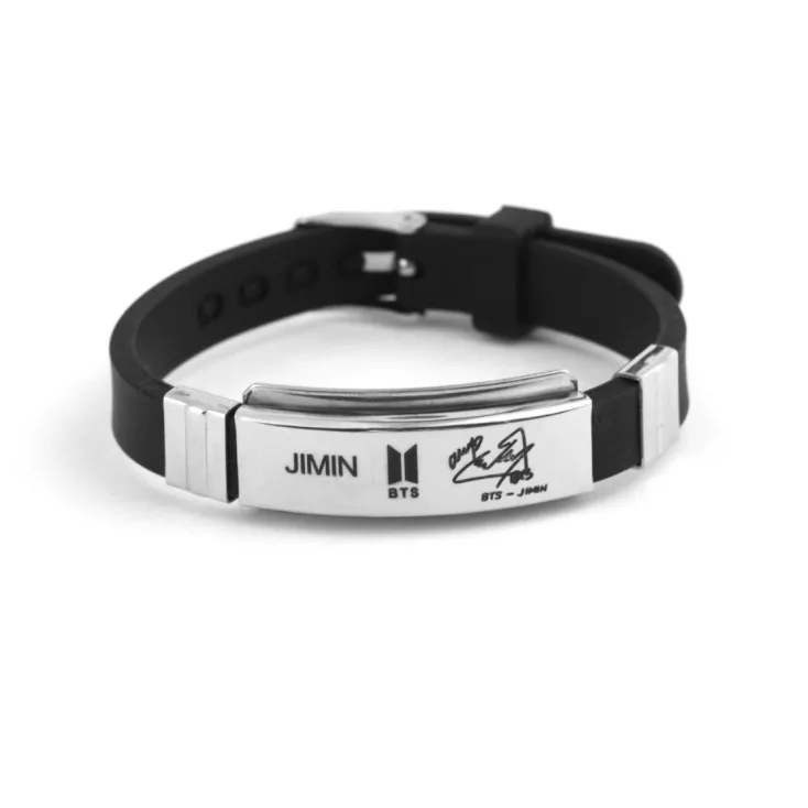 

BTS Member Bracelet Black Silicone Bracelet Stainless Steel Hand Jewelry Bracelet, Silver