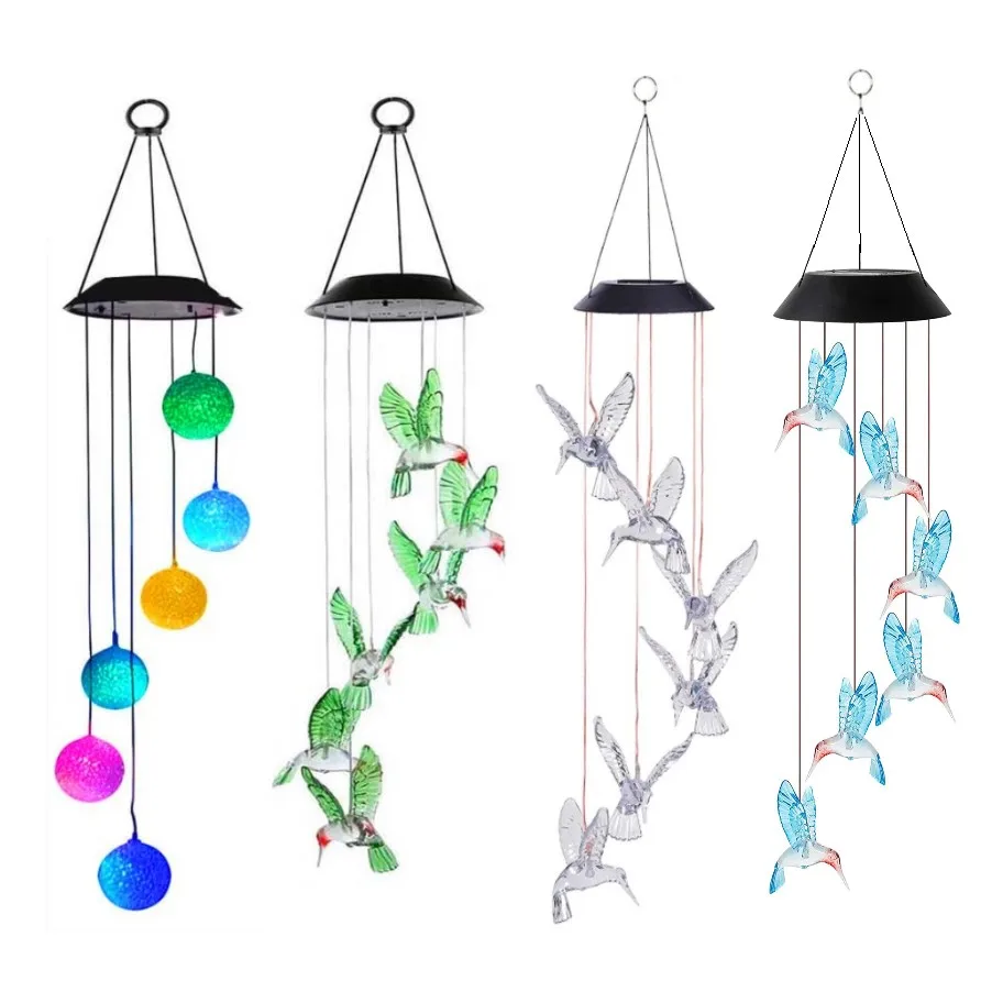 

Hot Selling Window decoration 6 led solar wind chime color change hanging light hummingbird