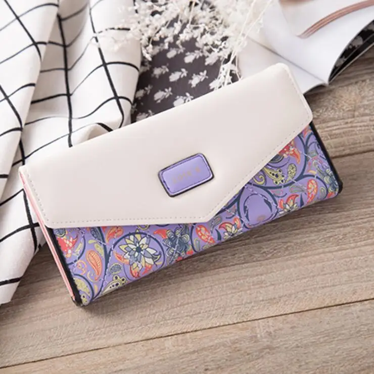 

Hot Fashion Women Wallets Flowers Printing Leather Long Wallets Portable Change Purse Delicate Casual Lady Cash Purses, 5 colors