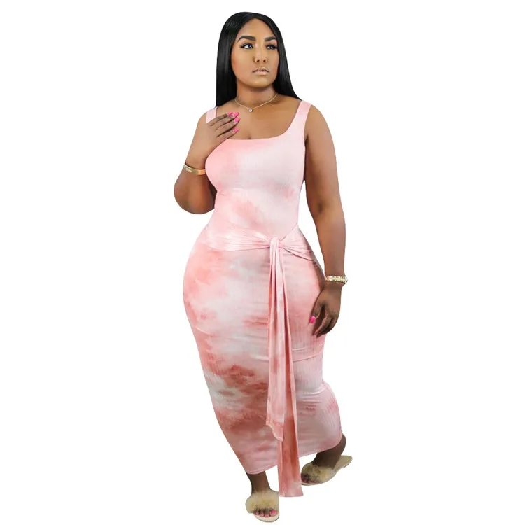 

Sleeveless Tie Dye Breathable Plus Size Summer Women Maxi Money Sequins Dresses Casual Lady Long Dress