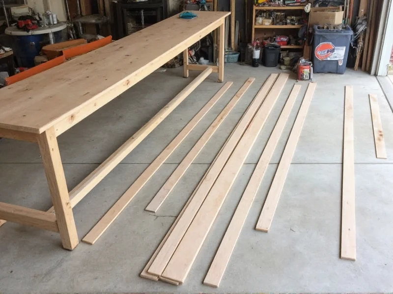 Workbench materials laid out on garage floor