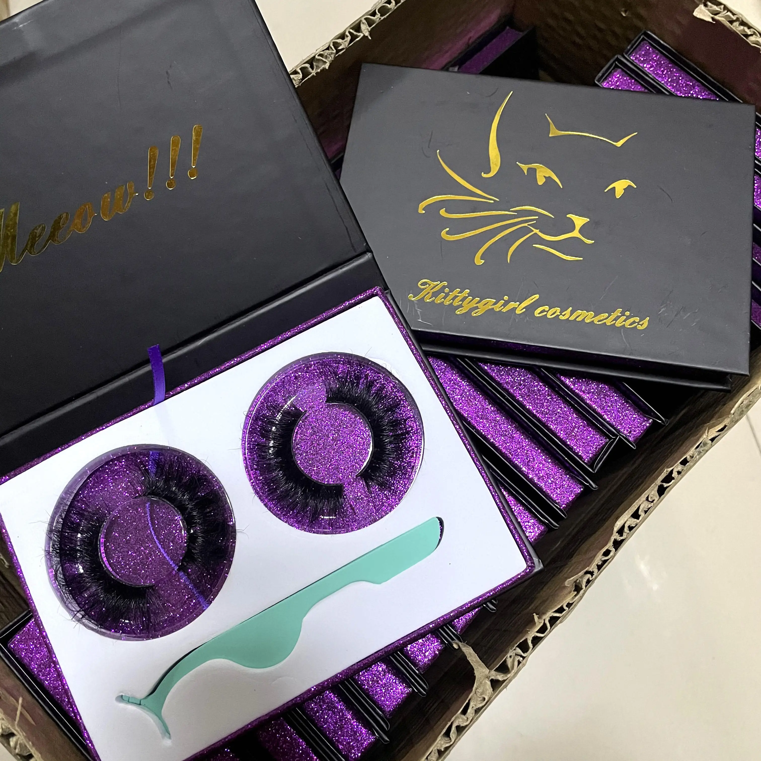 

Custom unique purple luxury lashboxes false eyelash tweezers tools set natural 3d mink eyelashes and packging