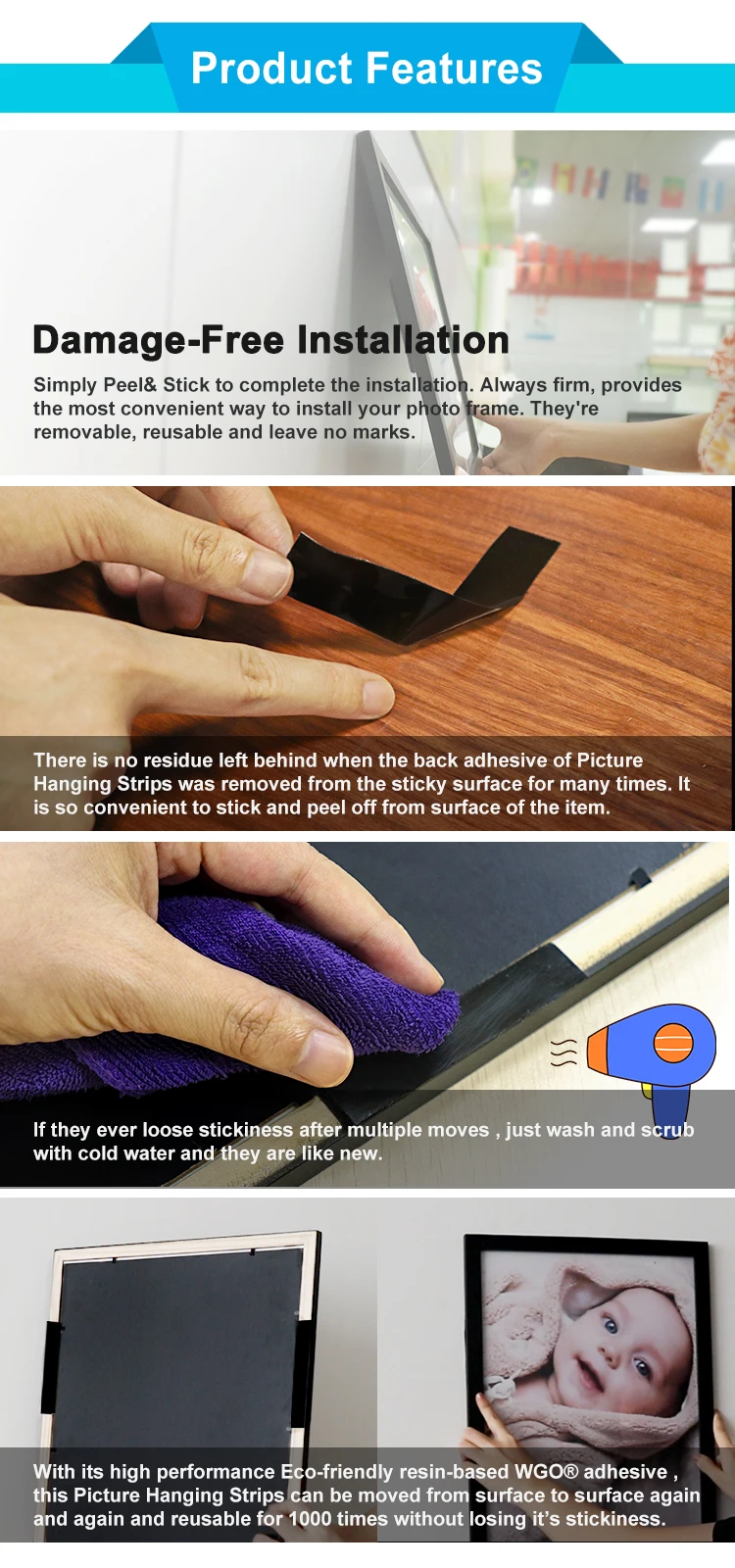 Reusable Restick Removable Wall Poster Photo Picture Frame Hanging