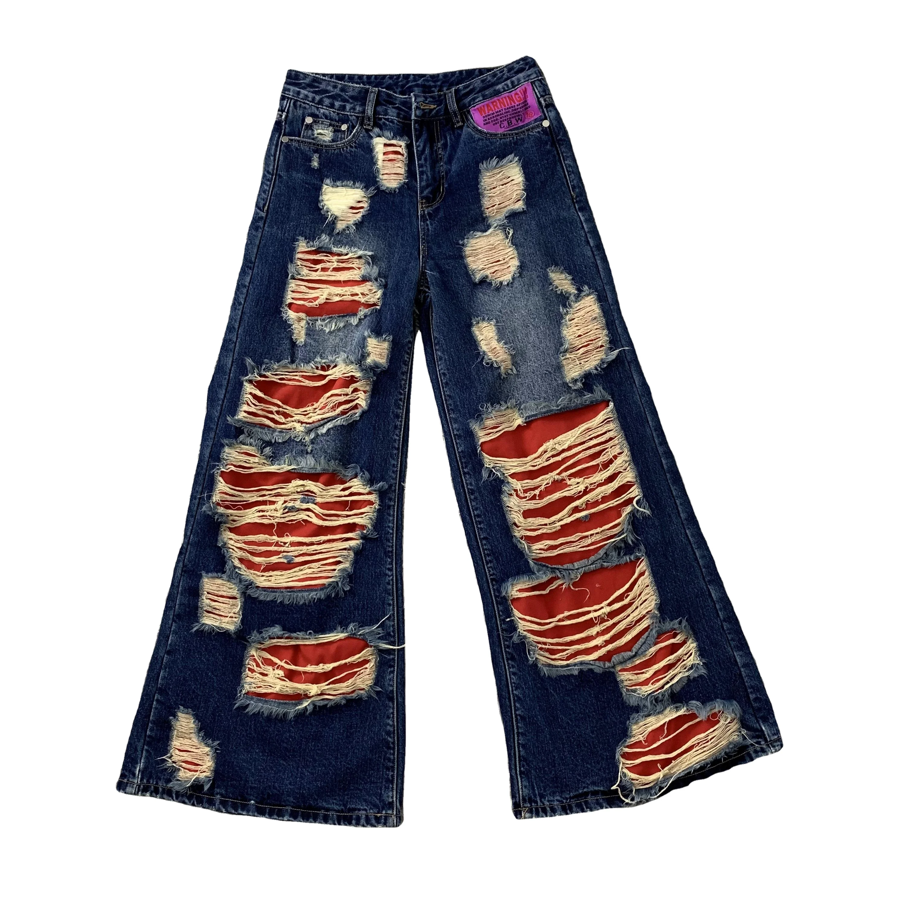 DENIMGUYS Men Loose Ripped Holes Jeans Custom Red Lining Patch Street Y2k Style Men's Distressed Baggy Jeans Pants