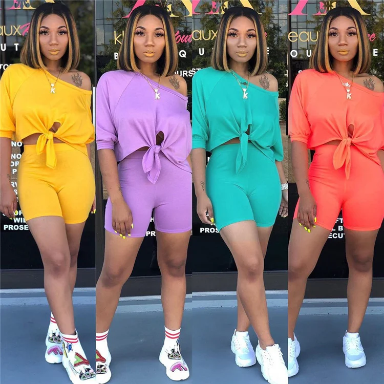 

Women Summer Solid Color Shorts T Shirt Casual Two Piece Set, Customized color