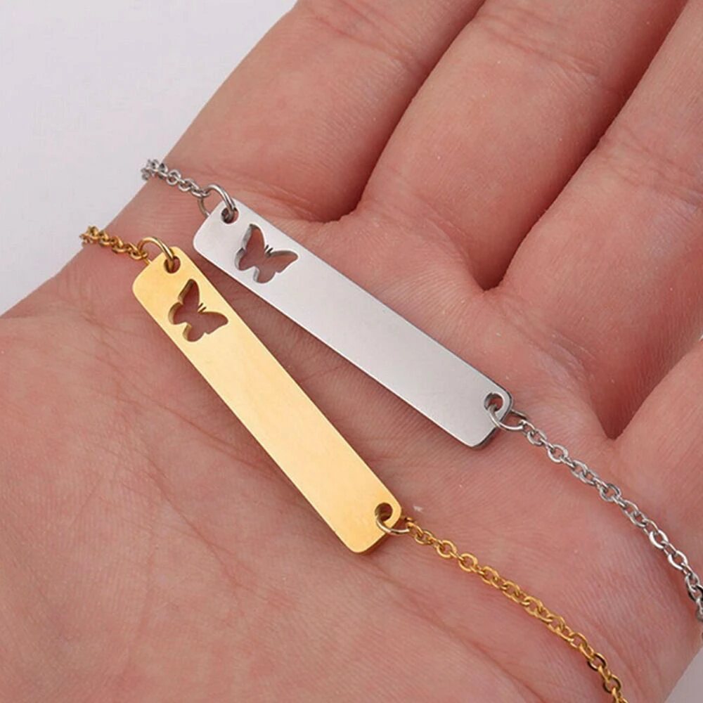 

Laser Engraving Blank Bar Necklace Stainless Steel PVD 18k Gold Plated Broken Heart Hollow Butterfly Bar Necklace For Women