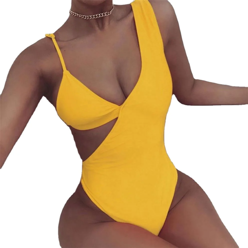 

2021 Hot Sale Solid Color Women Bathing Suit One Piece Swimsuit swimwear, Orange, yellow