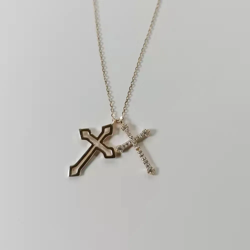 

925 Silver plated rose gold double cross pendant necklace Korean version diamond-studded niche design clavicle chain