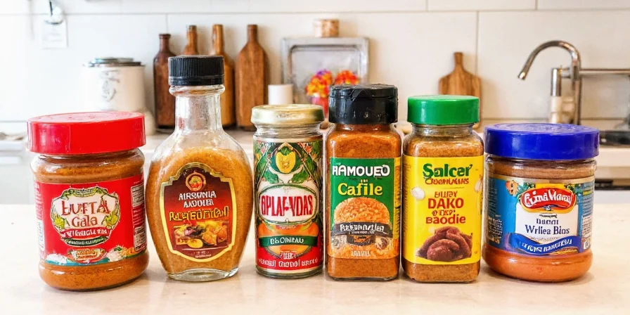 Colorful array of Hispanic seasoning jars on a kitchen rack
