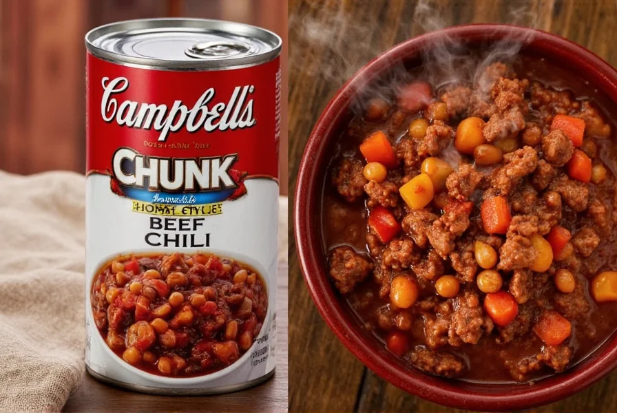 Campbell's Chunky Homestyle Beef chili can next to bowl of steaming chili with visible beef chunks and vegetables