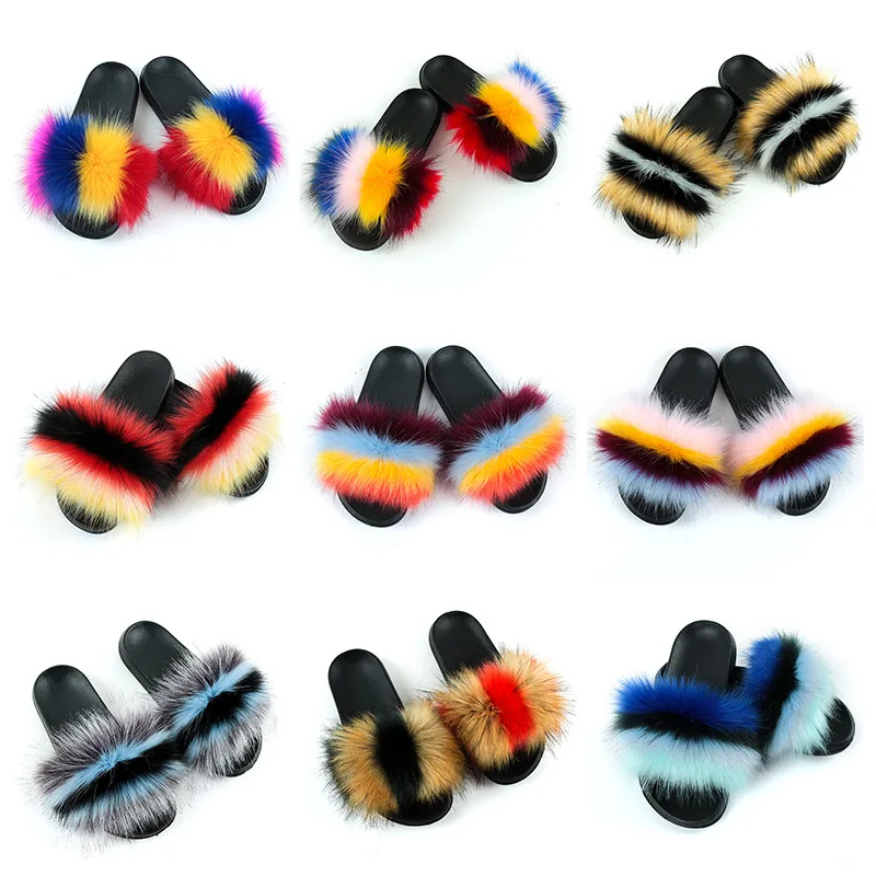 

2021 Latest Design Women Luxury Plush Soft Sandals Fluffy Rainbow Furry Slides Fox Fur Slipper, Picture