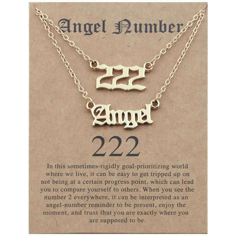 

European Hot Sale Gold Filled Number 111-999 Choker Necklace Double Layer Lucky Alphabet Angle Pendant Necklace With Paper Card