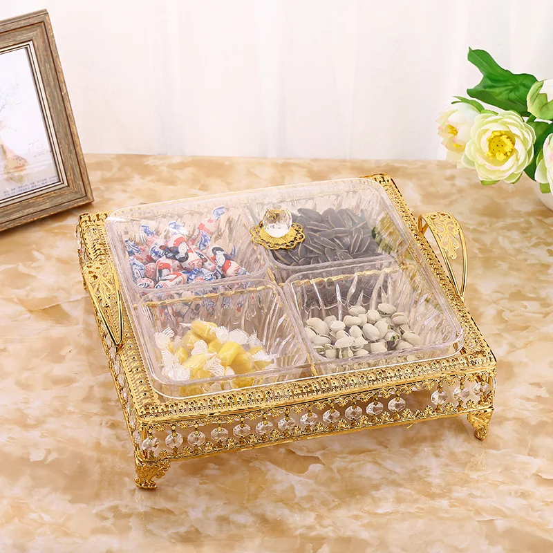 

QIAN HU Wedding Home Decoration Gold Metal Crystal Dry Fruit Candy Serving Tray Turkish Snack Plate with Lid