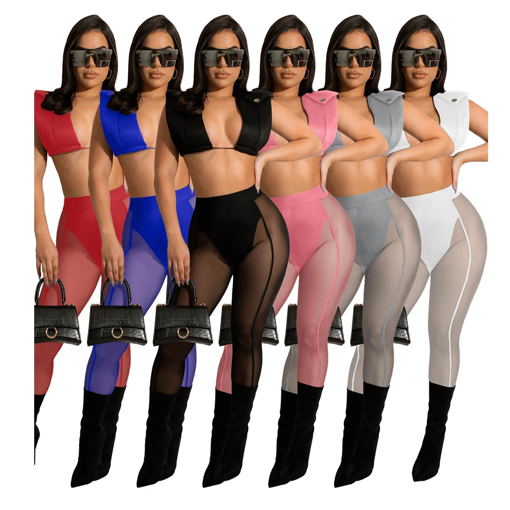 

Drop Shipping Sexy Side Hollow out Sleeveless Crop Top And Mesh See Through Leggings Women Patchwork 2 Piece Pant Sets, 6 colors